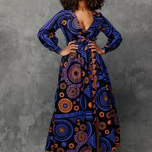 Women's African Print Faux Wrap Maxi Dress